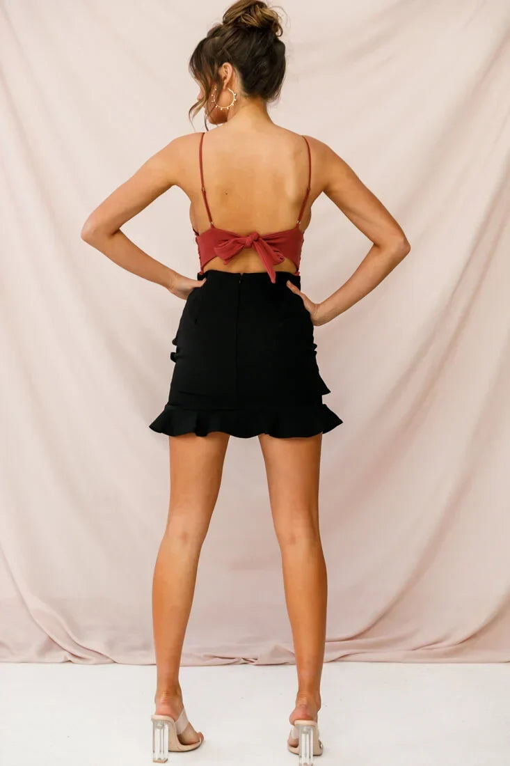 Black Mini Skirt with Tiered Ruffle Detail and Flounce Hem