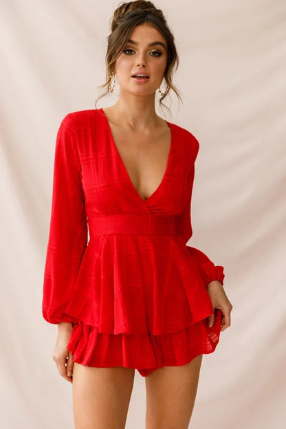 Red Romper with Plunging V-Neck, Balloon Sleeves