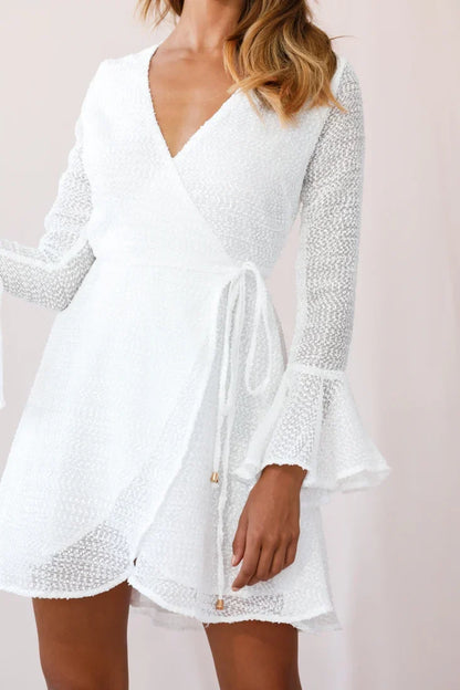 White Crochet V-Neck Bell Sleeve Tie Waist Wrap Mini Dress