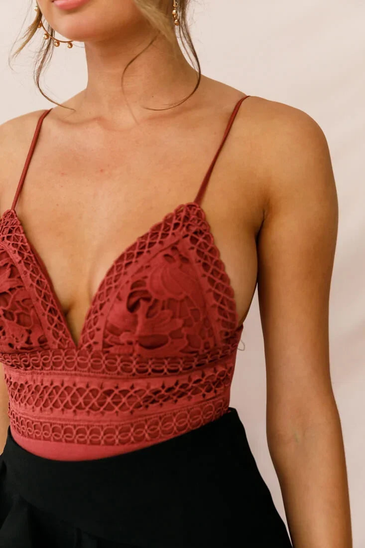 Rose Red Lace Deep V-Neck Spaghetti Strap Tie Back Bodysuit