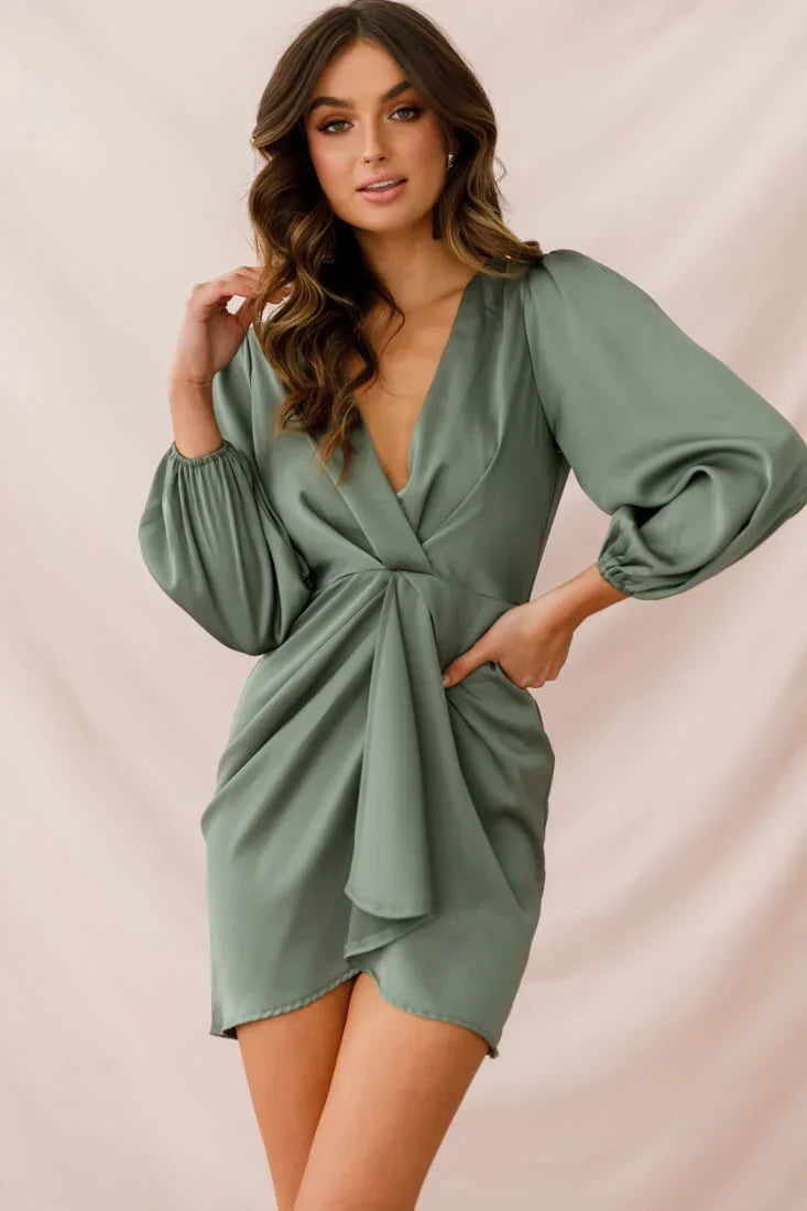 Sage Green Satin Mini Dress with Plunging V-Neck and Draped Front