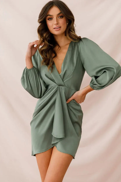 Sage Green Satin Mini Dress with Plunging V-Neck and Draped Front
